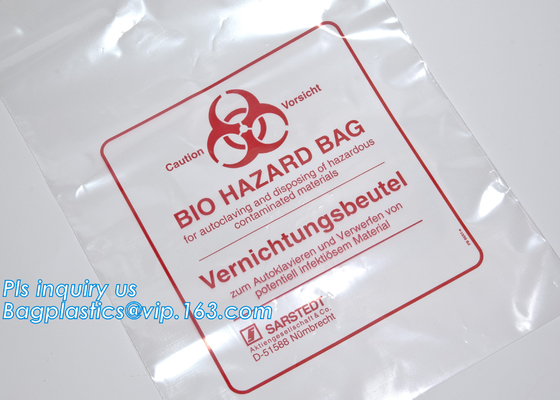 Disposición segura, biohazard que etiqueta, bolso apto para el autoclave, polipropileno, saco transparente disponible, claro de la disposición