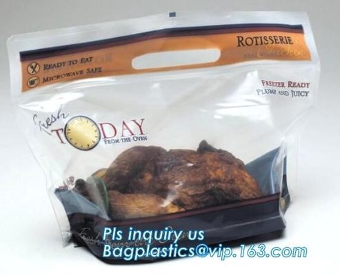 Del levantar bolso caliente antiniebla biodegradable del pollo del Rotisserie de la microonda del bolso de la cremallera del pollo asado con la manija