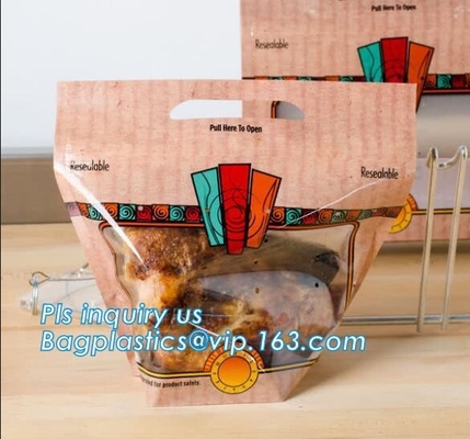 Del levantar bolso caliente antiniebla biodegradable del pollo del Rotisserie de la microonda del bolso de la cremallera del pollo asado con la manija