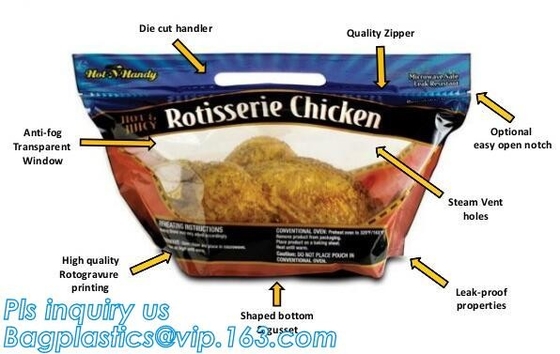 Del levantar bolso caliente antiniebla biodegradable del pollo del Rotisserie de la microonda del bolso de la cremallera del pollo asado con la manija