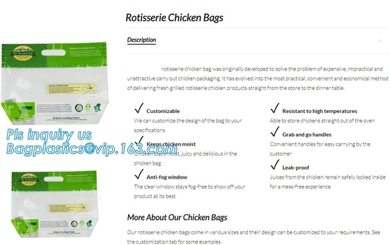 Bolsos calientes del pollo del Rotisserie de la niebla anti, bolso asado Microwaveable del empaquetado de carne con la cremallera que se puede volver a sellar del resbalador