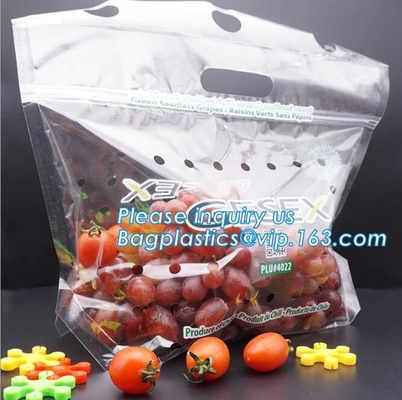 Los bolsos del embalaje de la fruta para las verduras del plátano de las uvas se colocan encima de bolsos plásticos de la comida, se levantan el bolso de la cremallera