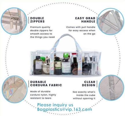 Bolso del almacenamiento del artículo de tocador del maquillaje del viaje del PVC, capacidad grande Tote Bag, organizador cosmético Bag de la ropa