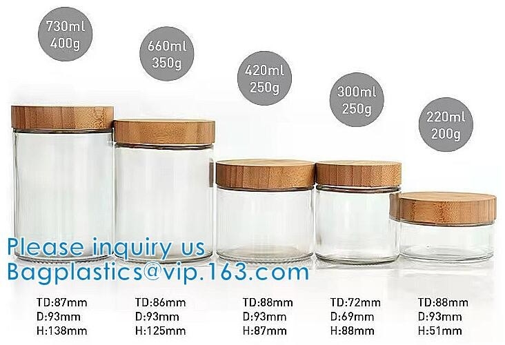 Envase del tarro del almacenamiento con la tapa de madera de bambú, tarros de cristal CUADRADOS, alrededor de los tarros cosméticos del concentrado