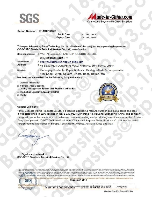 CHINA YANTAI BAGEASE SLIDER ZIPPER POUCH BAGS CO.,LTD. Certificaciones