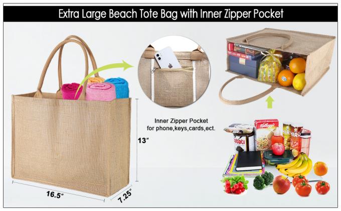 Bolsillo con cremallera interno de Tote Bag Full Gusset With del yute de Tote Bags Bulk Laminated Interior de la arpillera, DIY Art Crafts 1