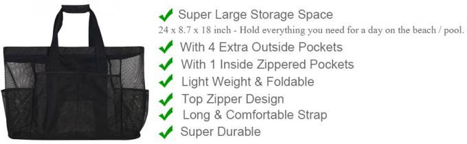 Mesh Beach Bags Totes, bolsillos de la extra grande, petate grande de gran tamaño, bolsos netos, bolsillos de la producción del ultramarinos 0