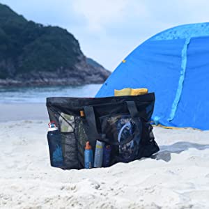 Mesh Beach Bags Totes, bolsillos de la extra grande, petate grande de gran tamaño, bolsos netos, bolsillos de la producción del ultramarinos 7